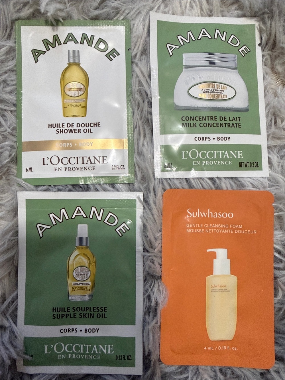 L'OCCITANE Amande Sample Sachets in Green with Orange Sulwhasoo